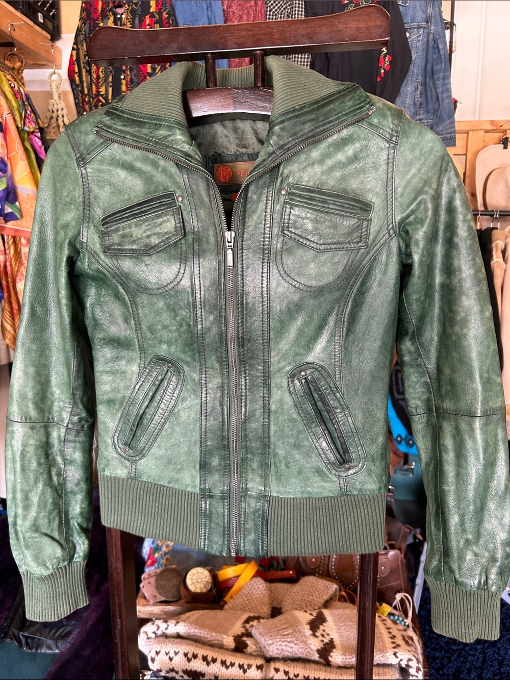 Womens Green Leather Bomber Jacket with Ribbed Trim